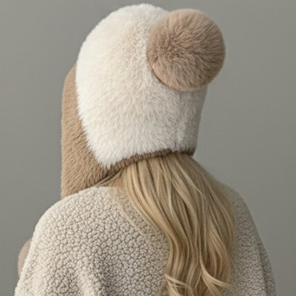 Fur Ball Beanie Winter Hat White/Brown - Picture 4 of 4